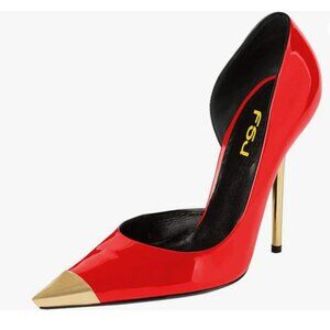 FSJ Red Sexy Pointy Cap Toe High Gold Heel Pump Half D'Orsay Slip On Ladies Shoe